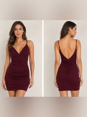 Emerald Sundae Burgundy Ruched Mini | Medium | Deep V Neck | Open Back | Bodycon